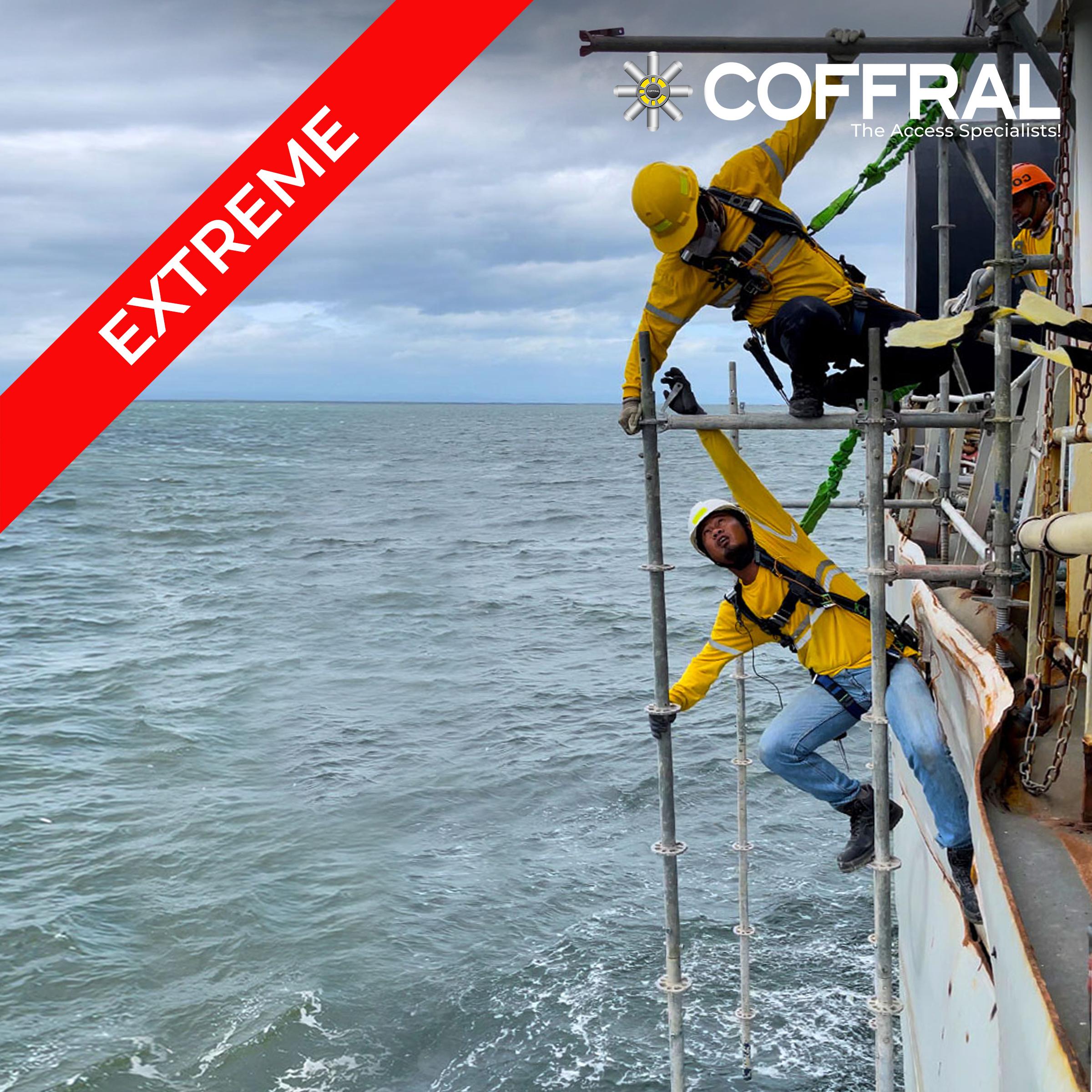 industrial Ringlock scaffolding. Offshore Vessel Repairs. Coffral-Manpower. Extreme hanging scaffolding offshore.